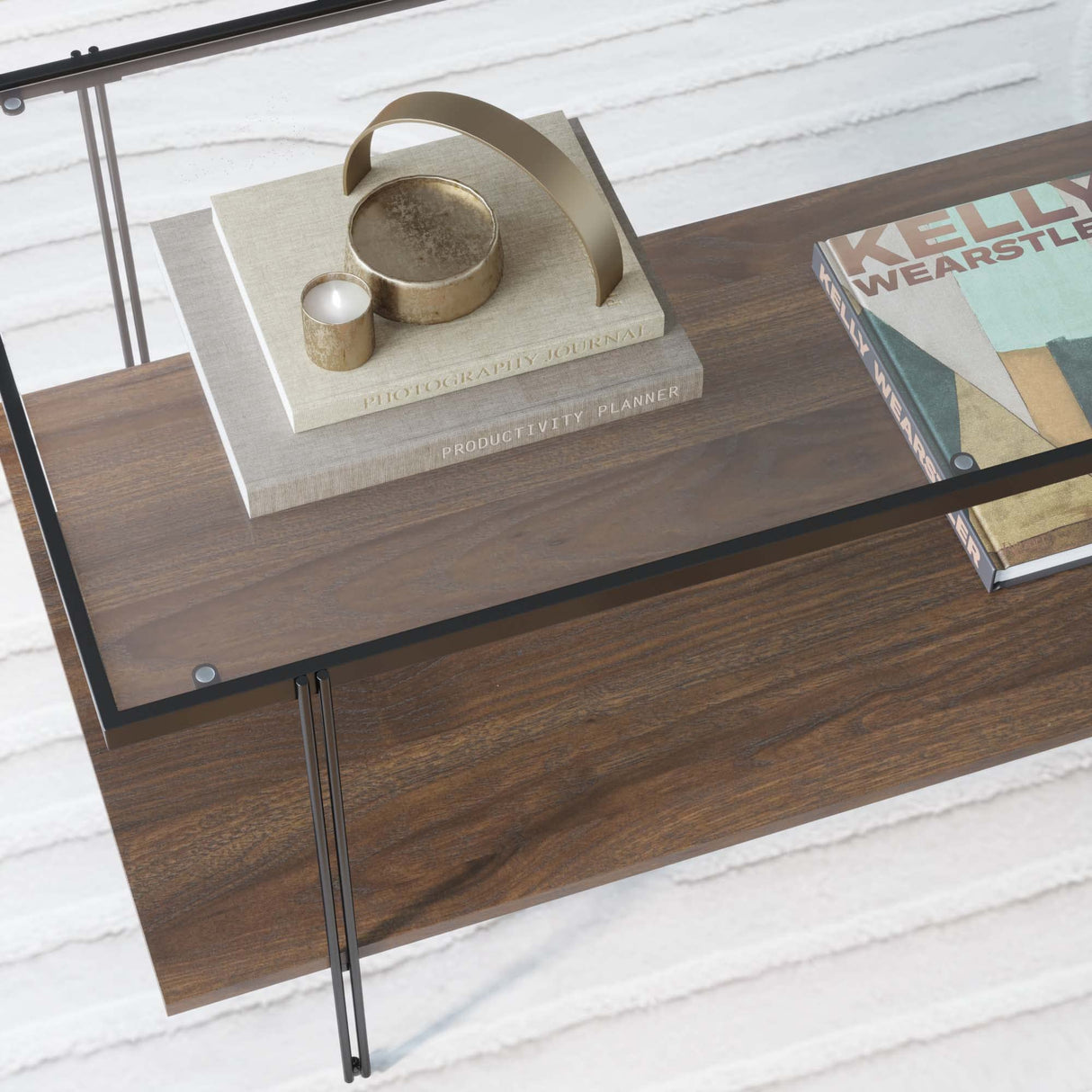 Nathan James Asher Mid-Century Rectangle Coffee Table Glass Top and Wood Finish Storage Shelf with Metal Legs, Walnut/Black Nathan James