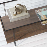 Nathan James Asher Mid-Century Rectangle Coffee Table Glass Top and Wood Finish Storage Shelf with Metal Legs, Walnut/Black Nathan James