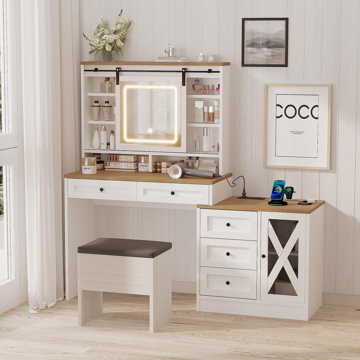 amzzar Farmhouse Vanity Desk with Sliding Lighted Mirror, White Makeup Vanity Table with Drawers and Side Storage, Large Dressing Table Vanity Set with Stool and Charging Station for Bedroom amzzar