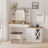 amzzar Farmhouse Vanity Desk with Sliding Lighted Mirror, White Makeup Vanity Table with Drawers and Side Storage, Large Dressing Table Vanity Set with Stool and Charging Station for Bedroom amzzar