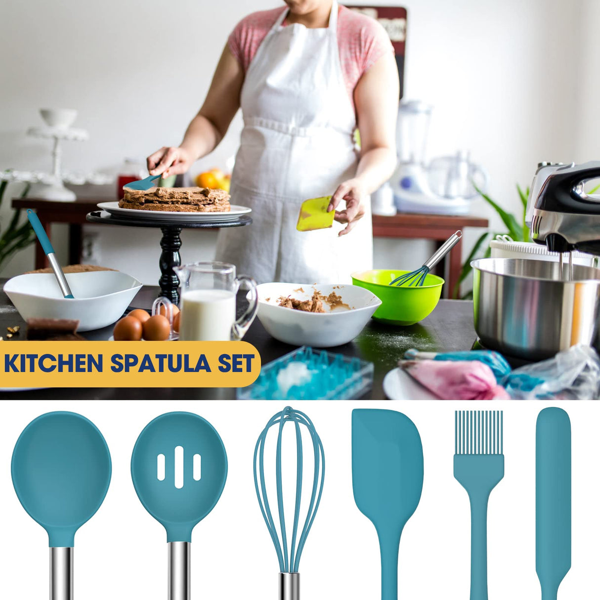 Silicone Cooking Utensil Set, Fungun Non-stick Kitchen 24 Pcs Cookware, Heat Resistant , Silicone Kitchen Tools Gift with Stainless Steel Handle (Blue-24pcs） Fungun