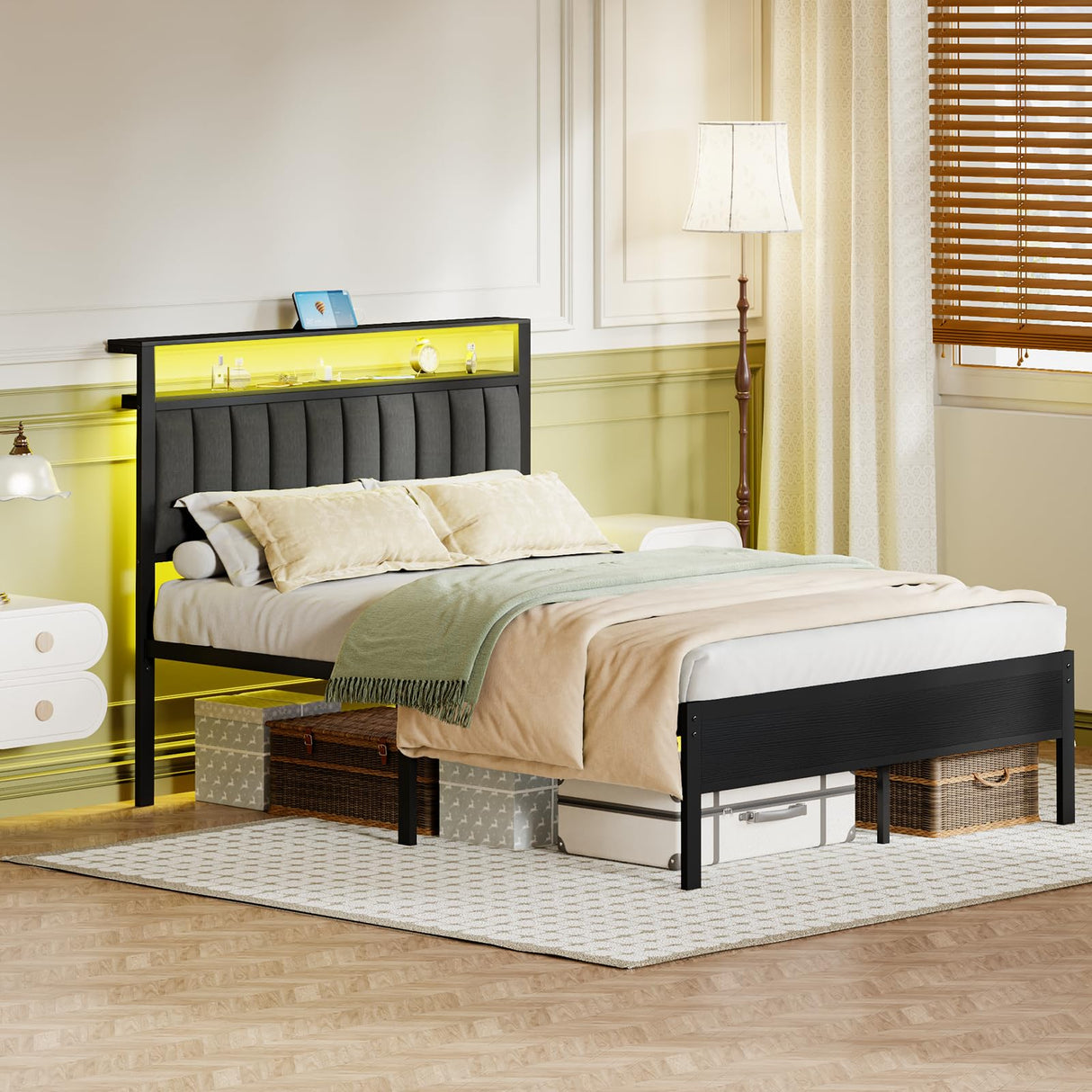 Furnulem Queen Size Bed Frame with Charging Station and LED Lights, Platform Bed with Metal Slats, Grey Upholstered Headboard with 2-Tier Storage Shelves, No Box Spring Needed Furnulem