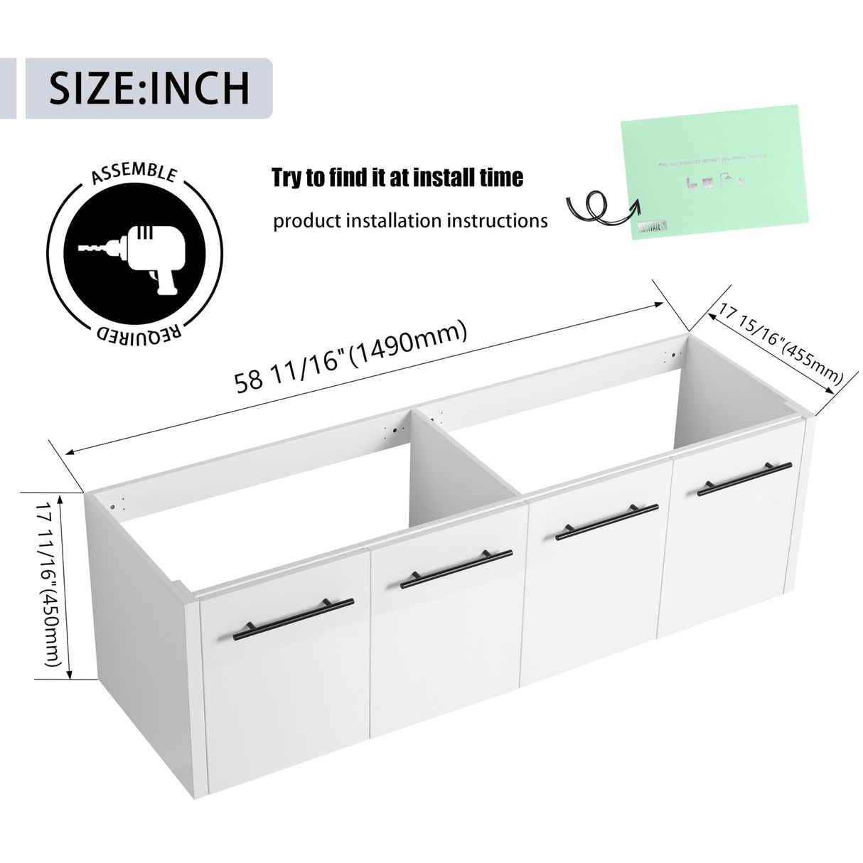 60" Bathroom Vanity without Sink, 60 Inch Floating Bathroom Vanity Cabinet, Wall Mounted Vanity without Top, Modern Bathroom Vanity with 4 Soft-Closing Doors, Large Bathroom Vanity Storage Cabinet HAALVDE