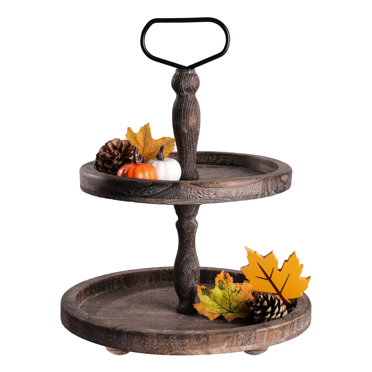 Mustry Rustic Wooden 2 Tiered Tray, Round Farmhouse Kitchen Table Decor Serving Tier Tray, Food Fruits Cupcake Display Coffee Bar Home Party Seasonal Decorations (Brown) mustry