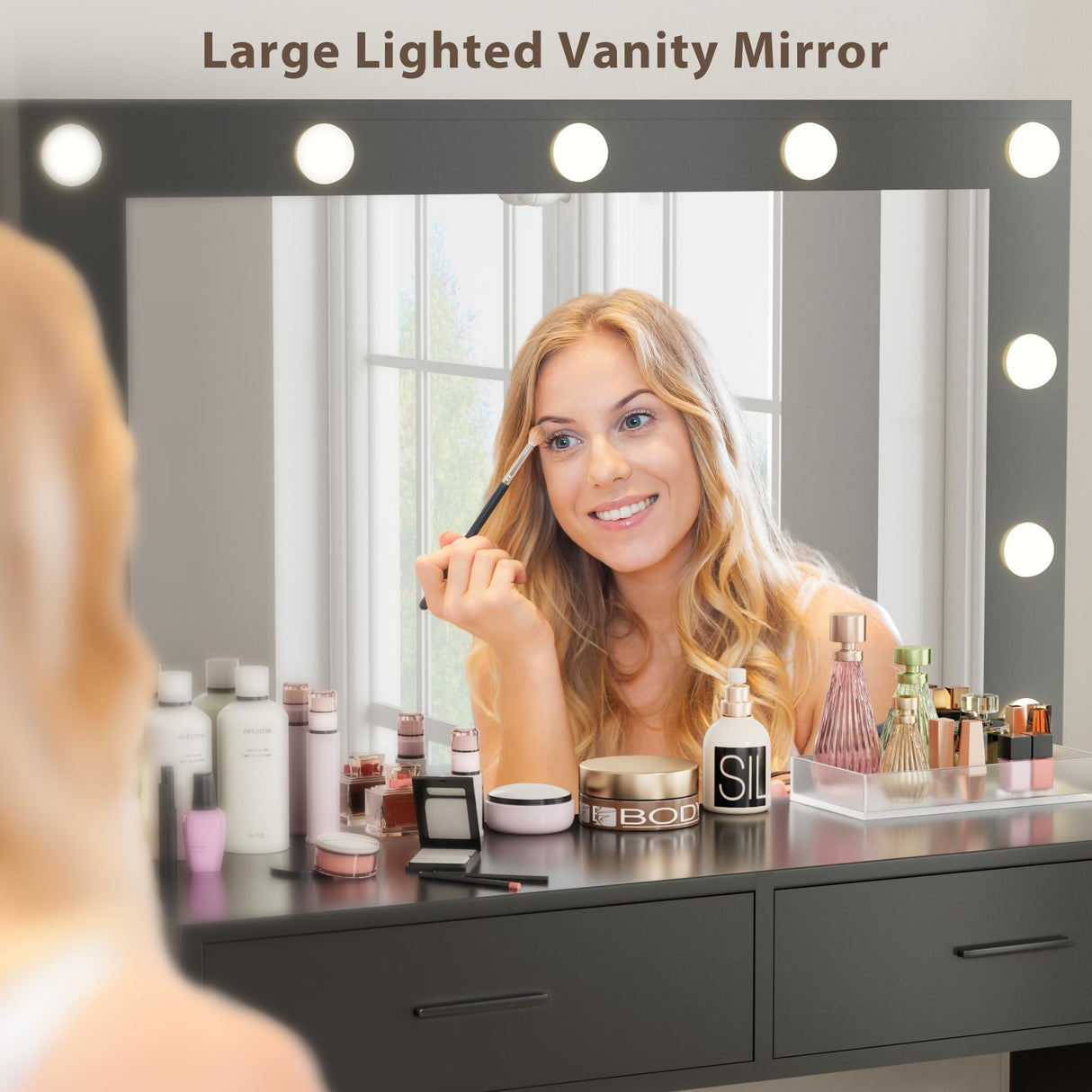 Furmax Vanity Desk Set with Large Lighted Mirror, 35.4 Inch Makeup Vanity Table with 2 Drawers, Cushioned Storage Stool, 3 Lighting Modes Brightness Adjustable, Dressing Table for Bedroom (Black) Furmax