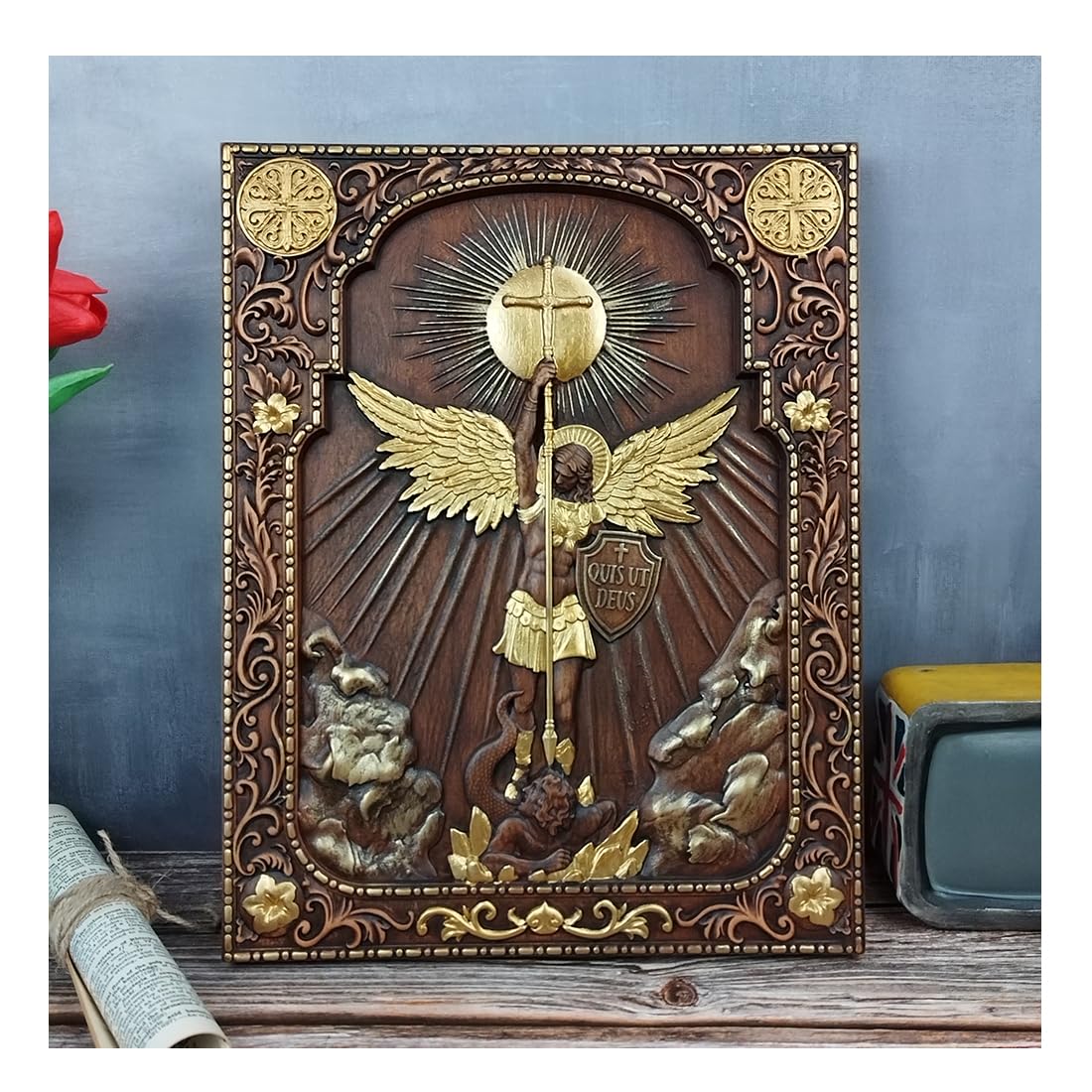 QIADGE Archangel Michael Sculpture Wall Hanging Wooden Carved Home Decor Plaque Personalized Crafts Christian Gift Idea (10 * 8 in) QIADGE