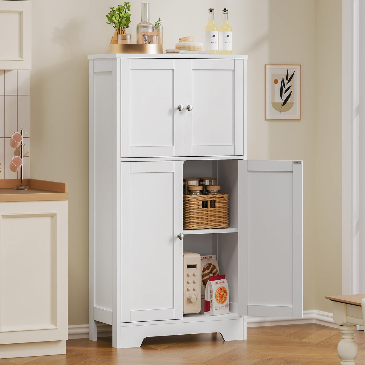 TEENFON Bathroom Floor Storage Cabinet, Freestanding Bathroom Storage Unit with 2 Adjustable Shelves & 4 Doors, 11.8 x 23.6 x 42.7 Inches, White TEENFON