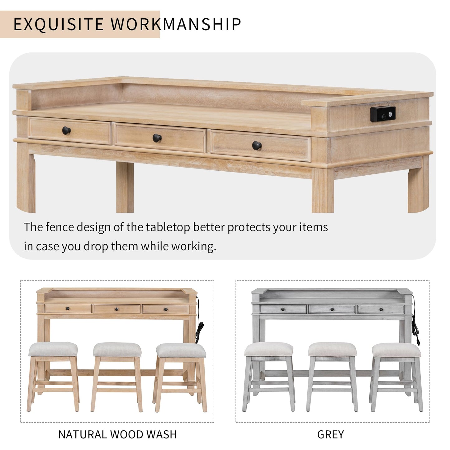 VilroCaz Natural 4-Piece Counter Height Dining Set with USB Port and Upholstered Stools - WoodArtSupply