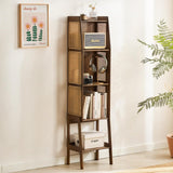 Welnow Bamboo Rattan Bookcase with Cabinet, 3-Tier Storage Shelf with Side Table & End Table Function, Large Modern Wood Organizer for Living Room or Bedroom, Walnut Bookshelf Welnow