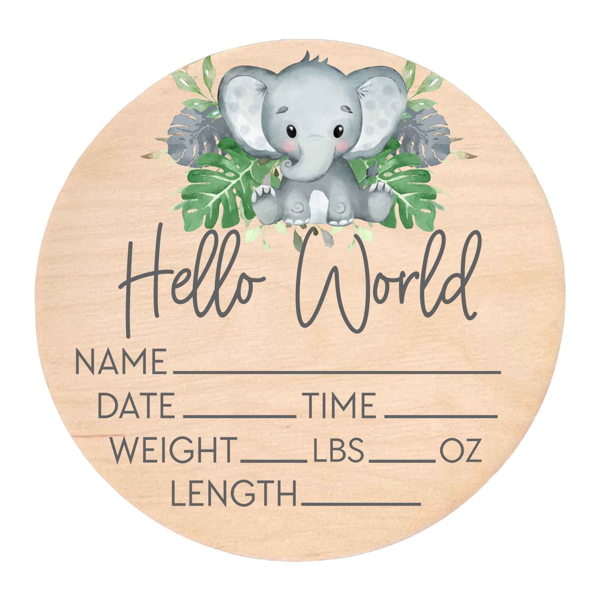 Birth Stat Sign for Newborn - Baby Name Announcement - Hello World Elephant Hospital Photography Prop - Jungle Safari - WoodArtSupply