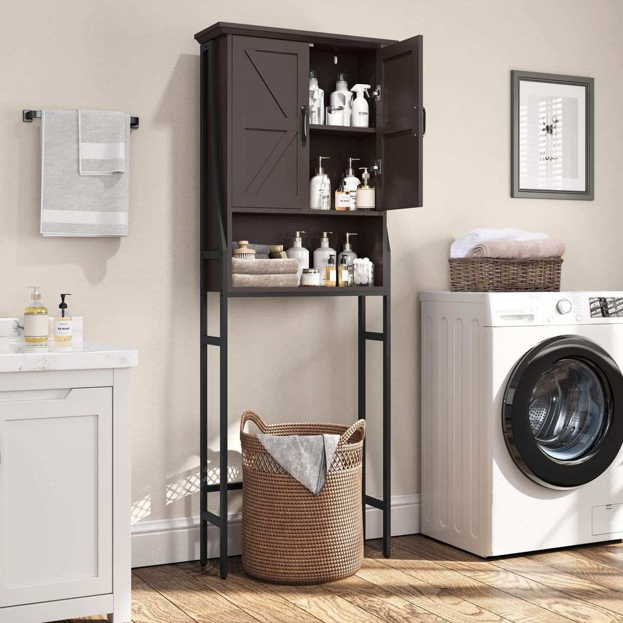 MXARLTR Over The Toilet Rack for Bathroom, Over The Toilet Storage Cabinet, Over Toilet Bathroom Organizer with Double Barn Doors Space Saver Rack Above Toilet Storage Cabinet (Espresso) MXARLTR