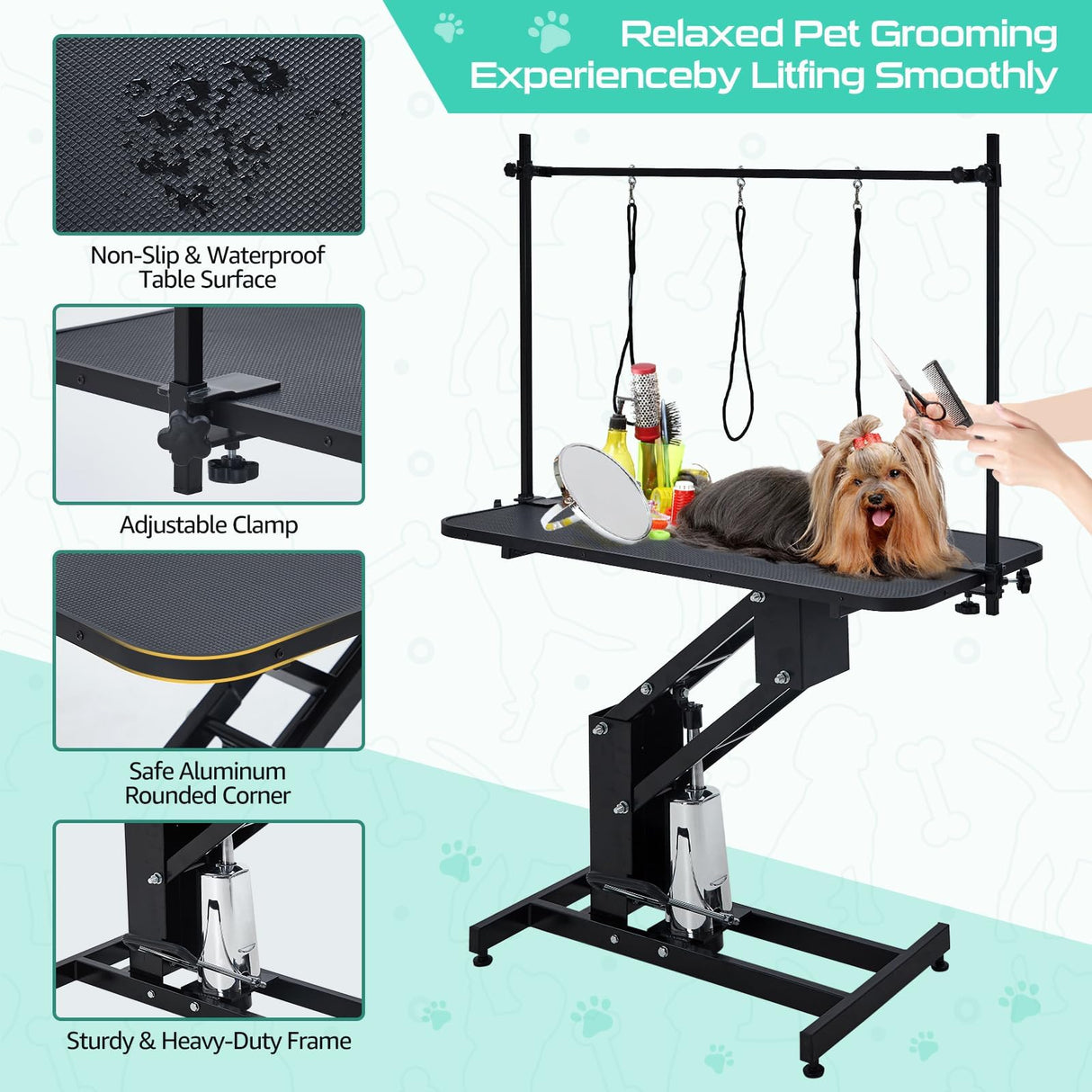 43.6" Pet Grooming Table for Large Dogs, Heavy Duty Height Adjustable Dog Grooming Table With Overhead Arm & Noose Height Range 22''-39'', Maximum Capacity Up to 350 Lbs, Black GarveeHome