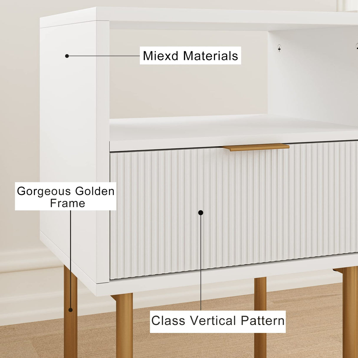 Masupu Nightstand,Mid-Century Modern Bedside Table with Storage Drawer and Open Wood Shelf,Small Gold Frame Side Table for Bedroom,Living Room,White Masupu