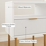 Masupu Nightstand,Mid-Century Modern Bedside Table with Storage Drawer and Open Wood Shelf,Small Gold Frame Side Table for Bedroom,Living Room,White Masupu