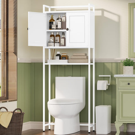 Hak Toilet Shelf 67" H White,Over The Toilet Storage Cabinet with Doors and Adjustable Bottom Bar,Anti-tip Design for Over Toilet Bathroom Organizer,Odor-Free Toilet Cabinet Hak