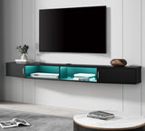 FITUEYES Floating TV Stand Wall Mounted Shelf with 16 LED Lights, Wood Media Console Entertainment Center Under TV, Cabinet Hutch Desk Storage for Home and Office,Black FITUEYES