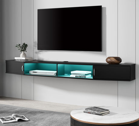 FITUEYES Floating TV Stand Wall Mounted Shelf with 16 LED Lights, Wood Media Console Entertainment Center Under TV, Cabinet Hutch Desk Storage for Home and Office,Black FITUEYES