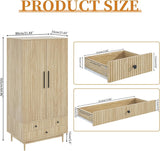 Armoire Wardrobe Closet with Drawers and 2 Fluted Doors 64.96 in Farmhouse Closet Wardrobe Cabinet with Hanging Rod Freestanding Wooden Bedroom Armoire Storage Cabinet with Shelf (1, Natural) Fsbecl