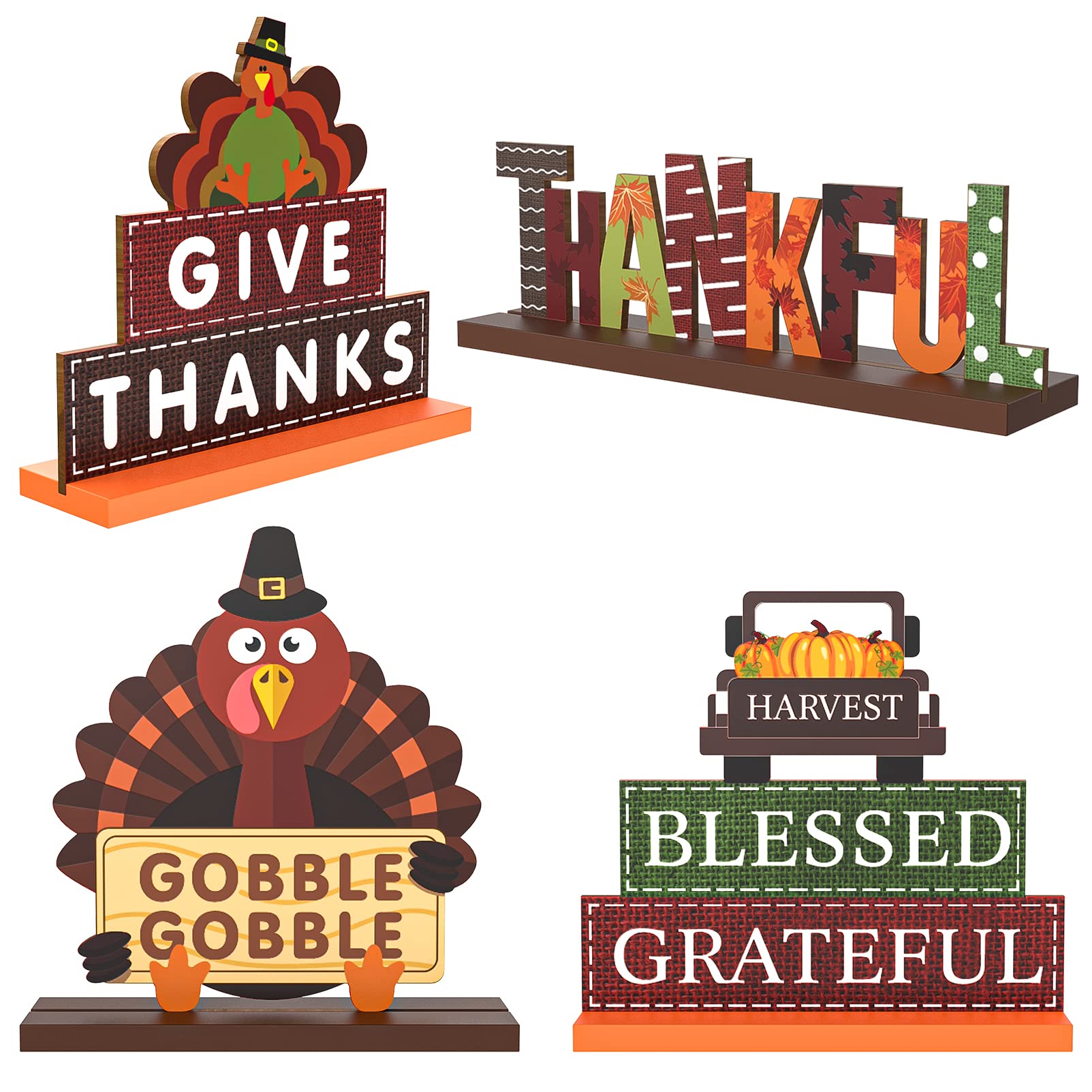 Thanksgiving Centerpieces for Tables Decorations, 4 Pack Wooden Pumpkin Turkey Thankful Blessed Decorative Signs, Harvest Autumn Fall Decor for Home Indoor Party Farmhouse Office Desk Firepla - WoodArtSupply