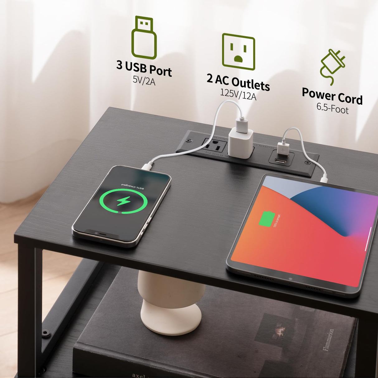 Yoobure Farmhouse Nightstand with Charging Station, Wood Night Stand End Table with USB Ports, LED Bed Side Table with Storage Cabinet, Bedside Table for Bedroom, Living Room Black Yoobure