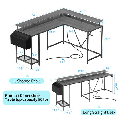 Eivanet L Shaped Gaming Desk with Power Outlets & LED Lights, Computer Desk with Monitor Stand & Storage Shelf, Home Office Desk Corner Desk with Hooks, Easy to Assemble, Grey - WoodArtSupply