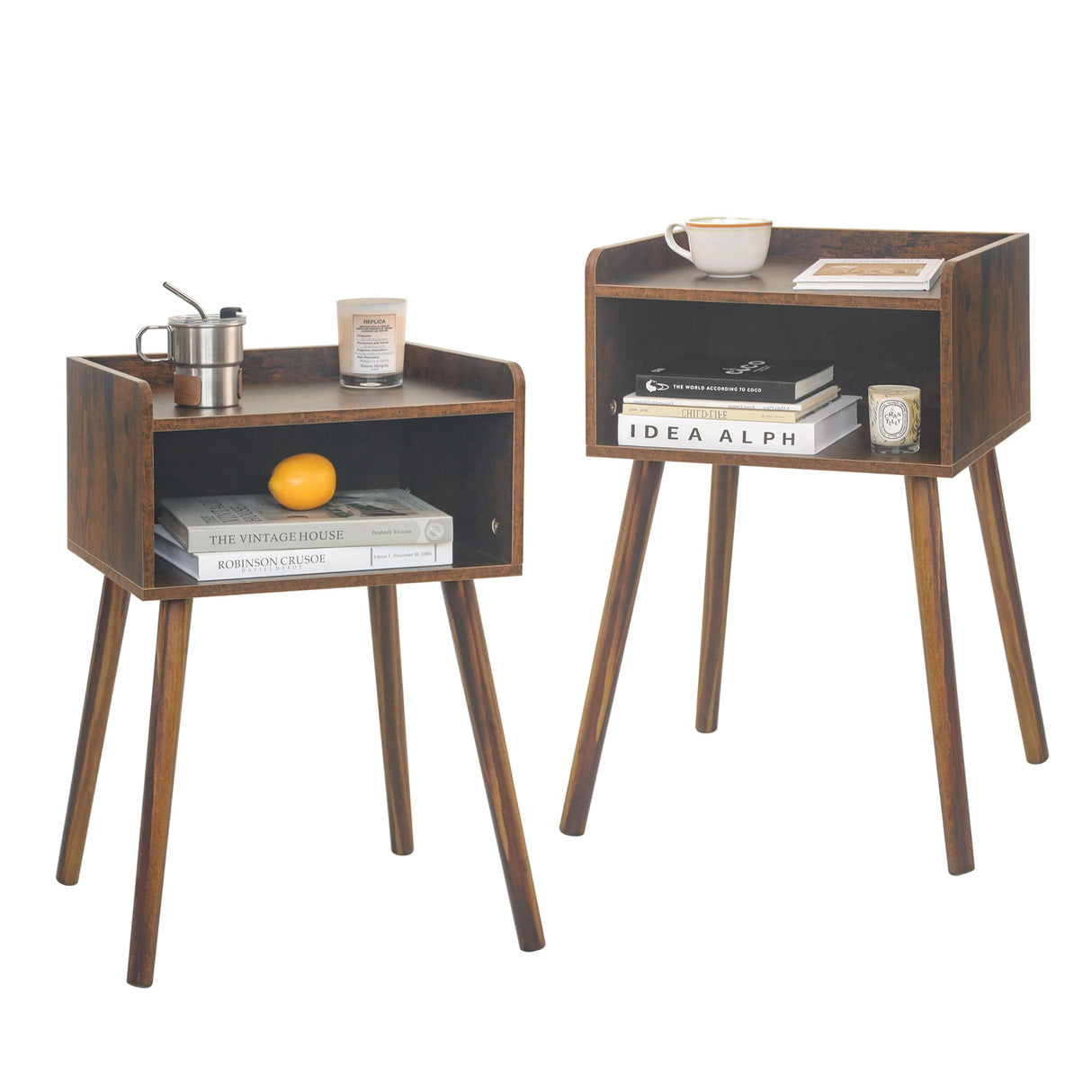 MaxSmeo Night Stand Set 2, Mid Century Modern Side Table Bedroom with Storage, Small End Bedside Table Set of 2 with Solid Wood Legs for Living Room, Office Small Spaces (Rustic Brown) MaxSmeo