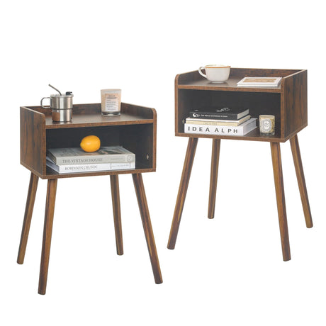 MaxSmeo Night Stand Set 2, Mid Century Modern Side Table Bedroom with Storage, Small End Bedside Table Set of 2 with Solid Wood Legs for Living Room, Office Small Spaces (Rustic Brown) MaxSmeo