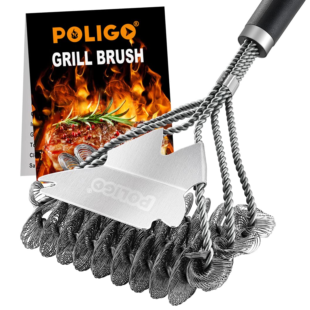POLIGO BBQ Grill Cleaning Brush Bristle Free & Scraper - Triple Helix Design Barbecue Cleaner - Non-Bristle Grill Brush and Scraper Safe for Gas Charcoal Porcelain Grills - Ideal Grill Tools Gift POLIGO
