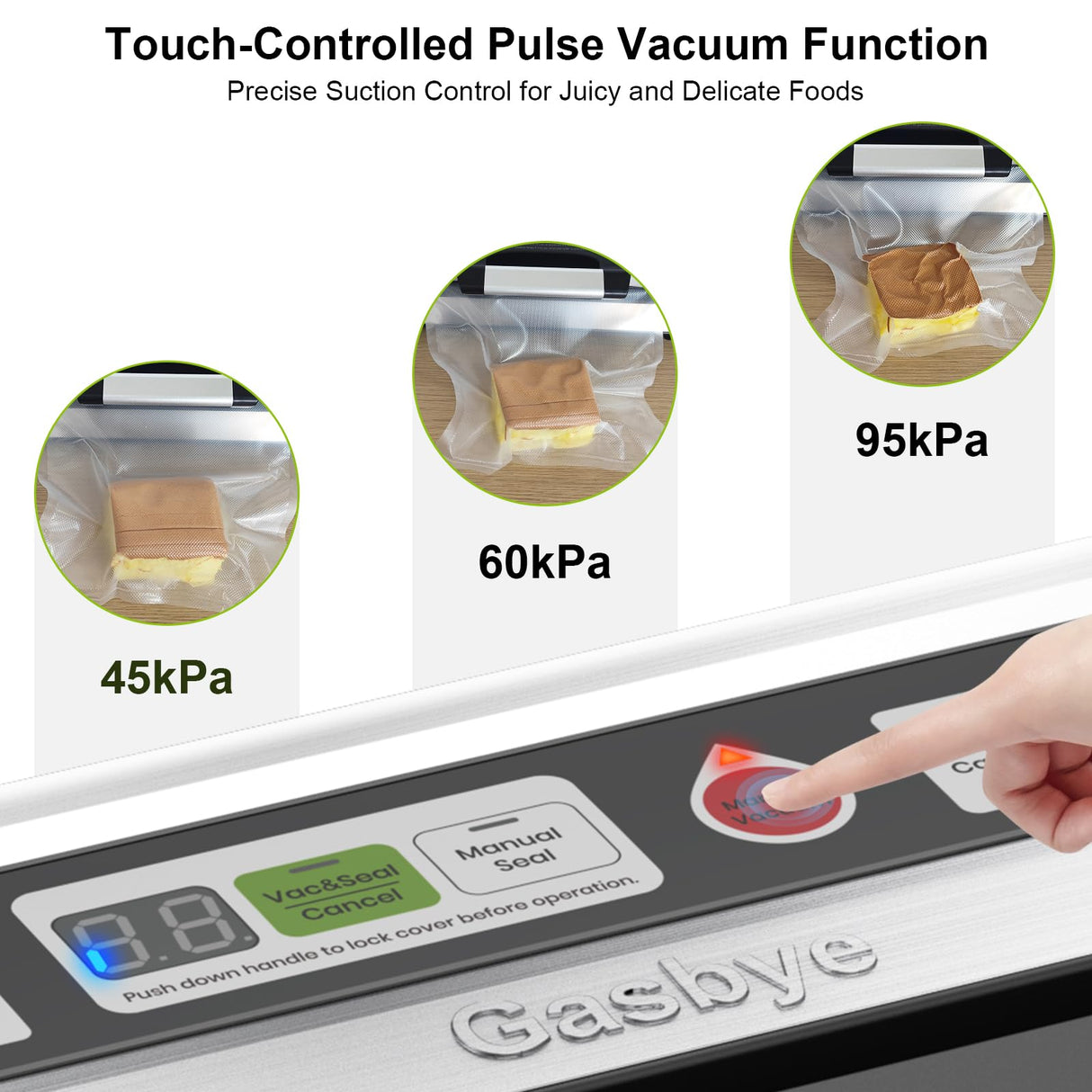 Gasbye Vacuum Sealer Machine, 95kPa Food Sealer with Double Heat Seal for Dry/Moist Food, Easy-lock Handle, Built-in Bag Storage & Cutter, Progress Display, Removable Drip Tray, Silver Gasbye