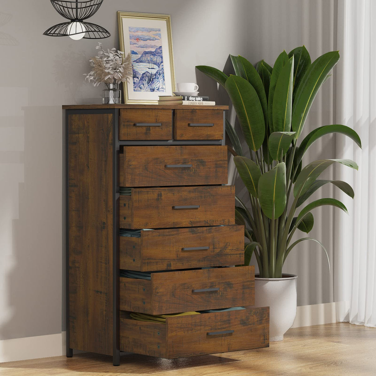 IKENO 7 Drawer Tall Dresser with Sturdy Metal Frame, Industrial Drawer Chest for Bedroom, Clothes Storage Cabinet IKENO