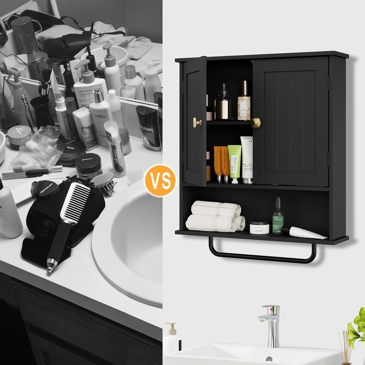 RRX Bathroom Cabinet Wall Mounted Medicine Cabinets with Towels Bar, Over The Toilet Storage Cabinet with 2 Doors and Adjustable Shelf, White Wall Cabinet for Bathroom Laundry Kitchen (Black) RRX