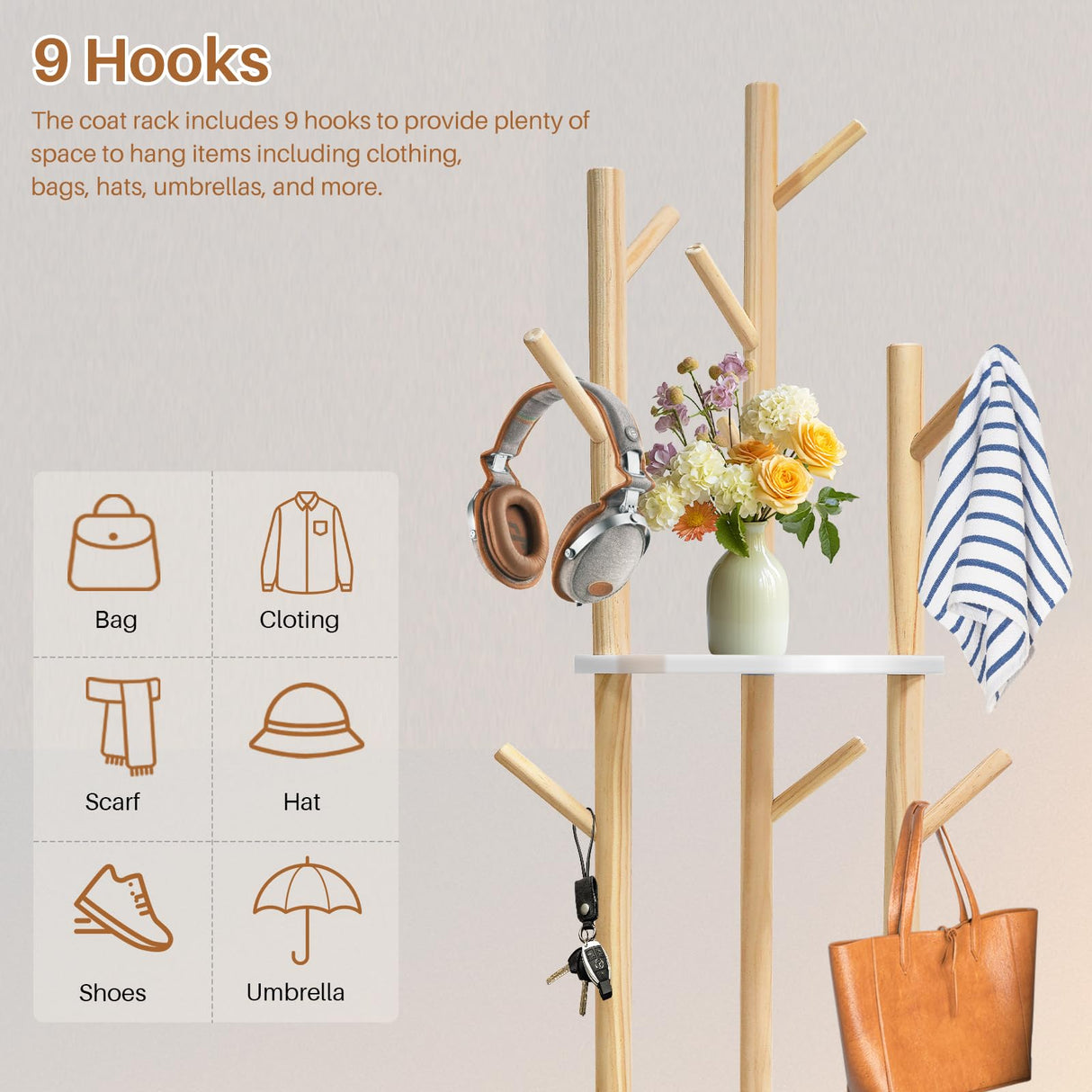 LIWSHWZ Solid Wood Coat Rack,Rotary Coat Rack Freestanding with 3 Shelves and 9 Hooks,Sturdy and Easy to Assemble Coat Tree for Entryway, Bedroom, Coats, Bags(Natural) LIWSHWZ