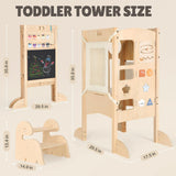 Joyreal Foldable Toddler Tower, Toddler Kitchen Stool Helper with 2 Step Stool, Wooden Standing Tower with 6 Montessori Activity Games, Safety Net & Adjustable Height Joyreal