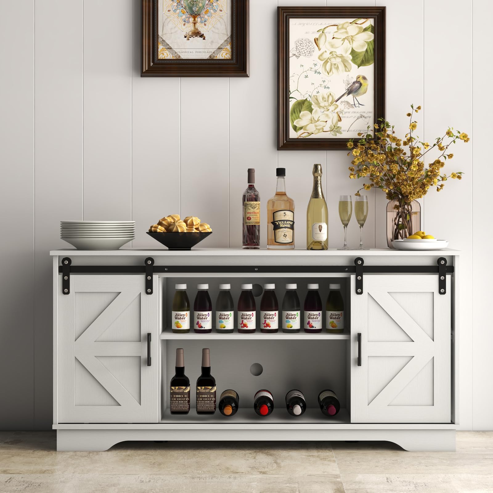 Panana Bar Cabinet with Barn 2 Sliding Doors Buffet Farmhouse Storage Cabinet TV Stand (White Cabinet) - WoodArtSupply