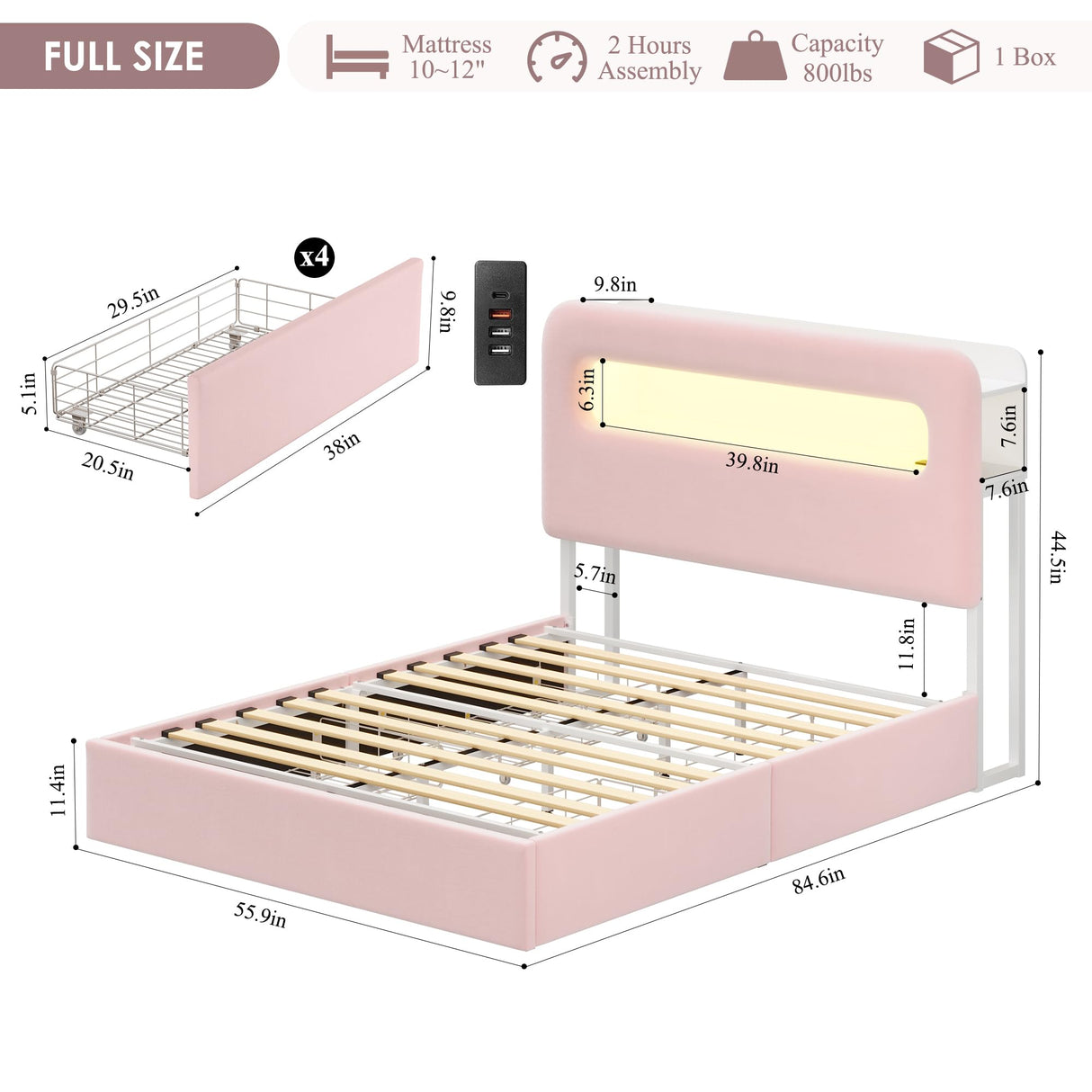 HOSTACK Full LED Bed Frame with Storage Headboard and Charging Station, Girls Bed Frame with 2 Drawers and USB Ports, Velvet Upholstered Platform Bed Frame with Bookcase, No Box Spring Needed, Pink HOSTACK