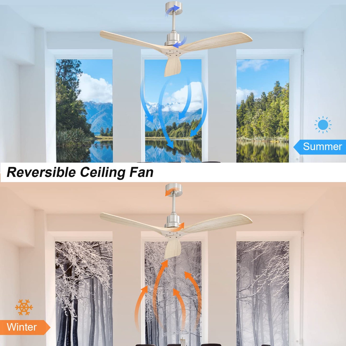 Sofucor 52 Inch Ceiling Fan with Remote, 3 Blade Carved Wood Fan Without No Light, Modern Ceiling Fan for Indoor Outdoor Bedroom Living Room Patios Farmhouse, Reversible DC Motor