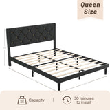 DUMGTIF Queen Size Platform Bed Frame with Velvet Upholstered Headboard and Sturdy Wooden Slats Support,Mattress Foundation，Easy Assembly, No Box Spring Needed,Slip Resistant (Black, Queen) DUMGTIF