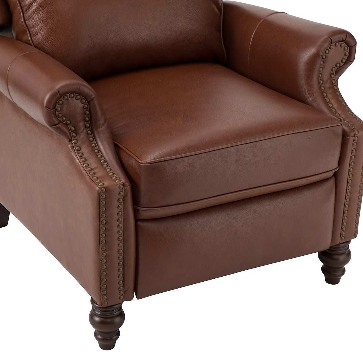 HULALA HOME Genuine Leather Recliner Chair, Traditional Manual Pushback Comfy Seating for Living Room, Thick Cushion & Solid Wood Legs, Wingback Recliner with Nailhead Trim, Brown HULALA HOME