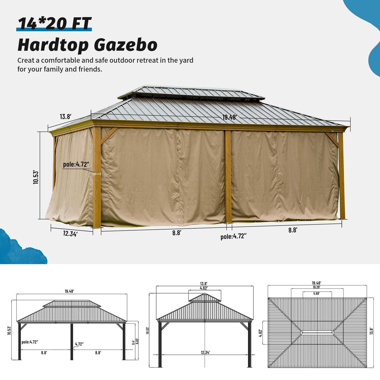 Domi Outdoor Living 14’x20’ Hardtop Gazebo, Wooden Coated Aluminum Frame Canopy with Galvanized Steel Double Roof, Outdoor Permanent Metal Pavilion with Curtains and Netting for Patio, Deck and Lawn domi outdoor living