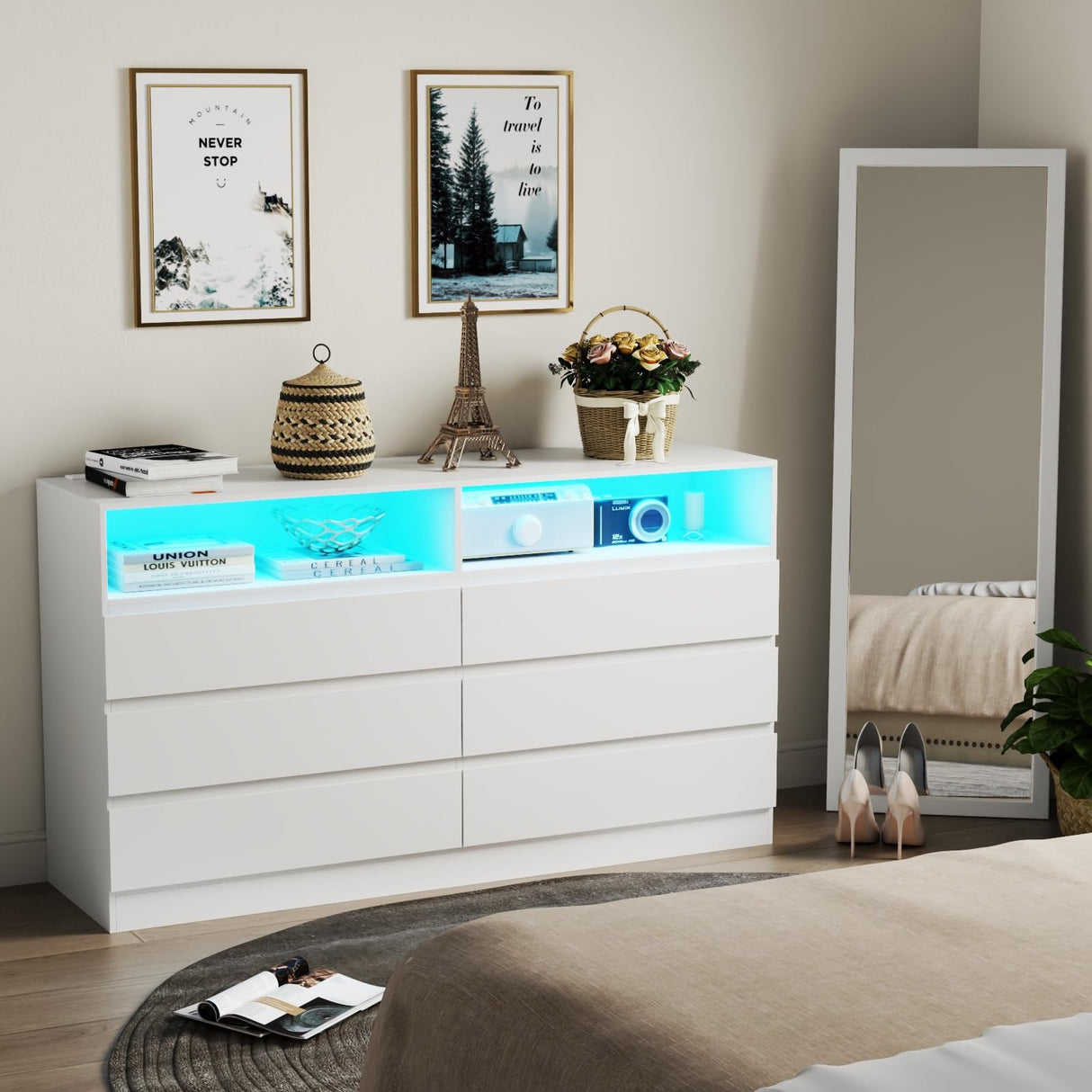 Gyfimoie 6 Drawer Dresser with Mirror for Bedroom, Accent Chests of Drawers with LED Light and Power Outlet, White 6 Dresser with Charging Station and 47"x15.7" Full Length Mirror (White) Gyfimoie