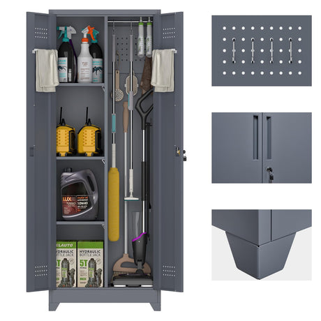 GEDELITE Metal Garage Storage Cabinets - 65" Broom Closet Storage Cabinet with Doors and Shelves,Utility Cleaning Supply Cabinet for Garage,Laundry,Office,Home (Gray, 65" H) GEDELITE