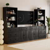 TUSY 4-Piece Large TV Stand with Bookshelves for TVs up to 75", TV Entertainment Center Media Center with Tempered Glass Doors and Shelves, TV Hutch for Living Room White (Black) TUSY