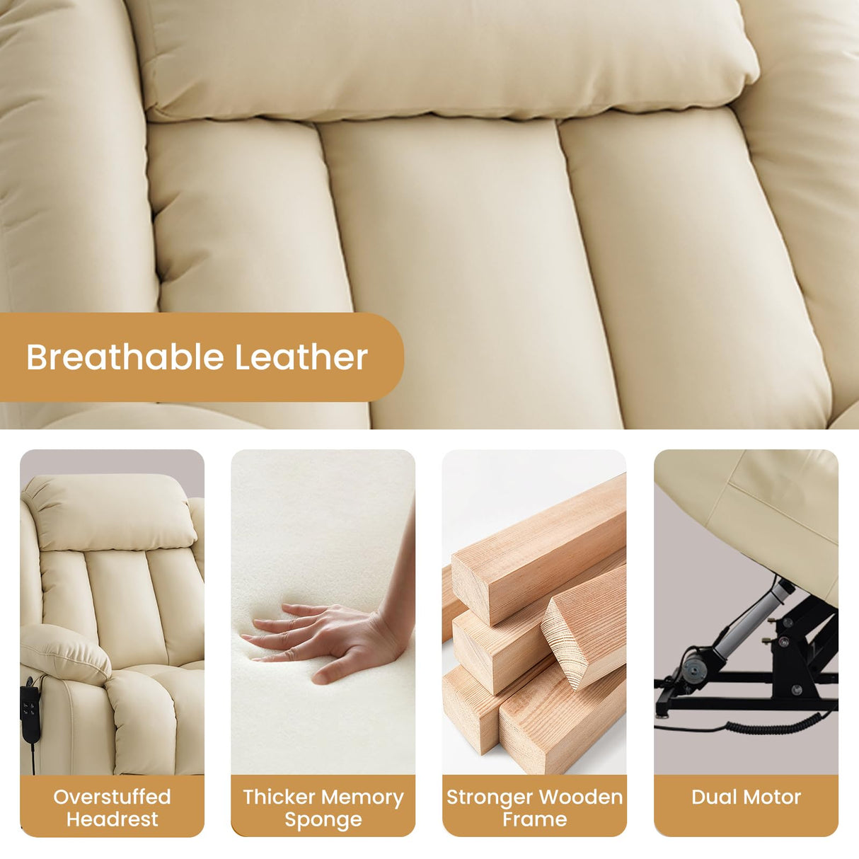 TEKAMON Power Lift Recliner Chair for Elderly with Heat & Massage, Dual Motor Breathable Leather Recliner, Lay Flat Sleeping Chairs with Infinite Position, RemoteControl(Beige, Extended) TEKAMON