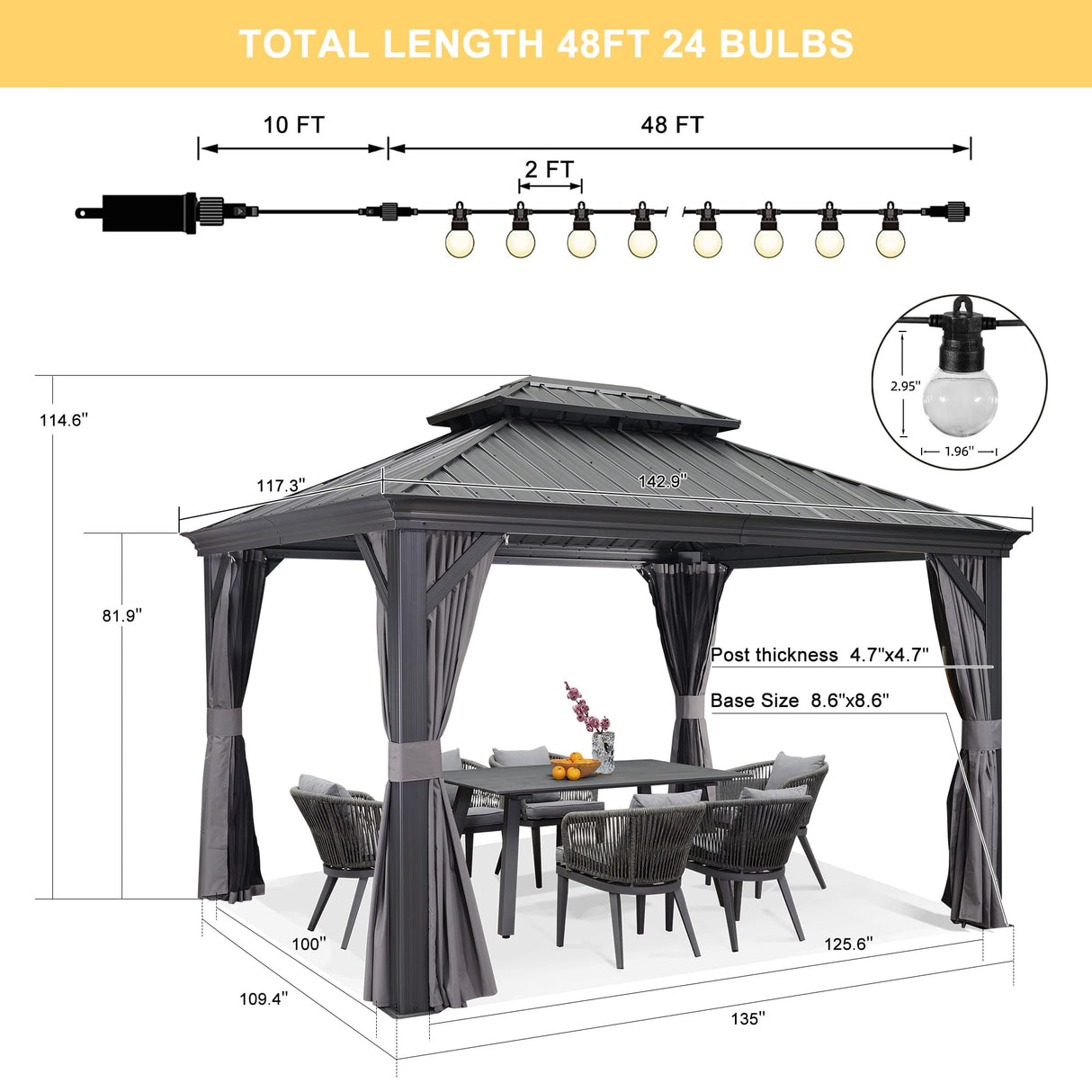 PURPLE LEAF 10' X 12' Hardtop Gazebo with Light Galvanized Steel Double Roof Outdoor Gazebo for Patio Lawn and Garden Grey PURPLE LEAF