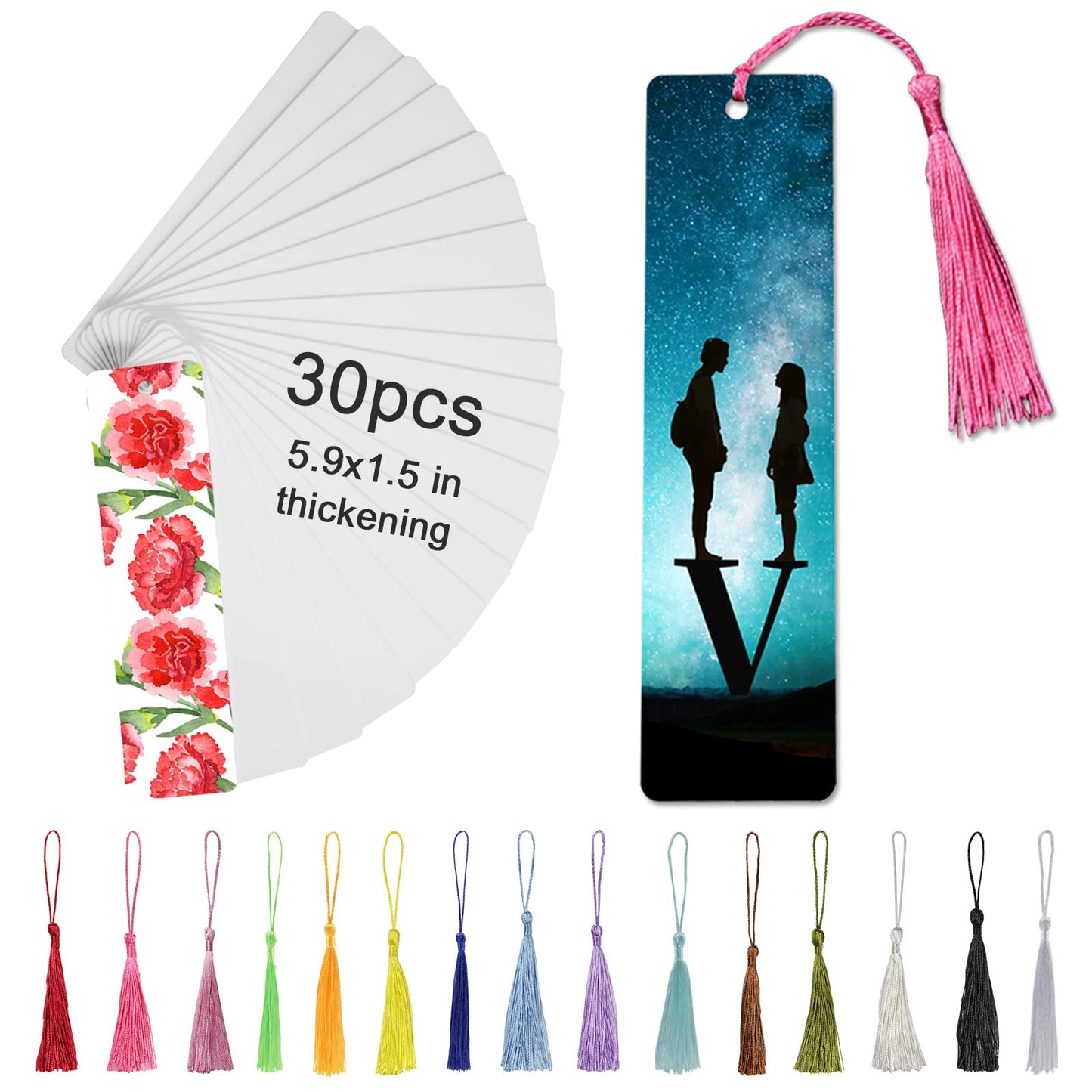 30 Pcs Sublimation Bookmark Blank 5.9"X1.5" X0.65mm Heat Transfer Aluminum Metal Bookmarks Bulk DIY Bookmarks with Hole and Colorful Tassels for Crafts,Personalized Tassels Blank Bookmarks