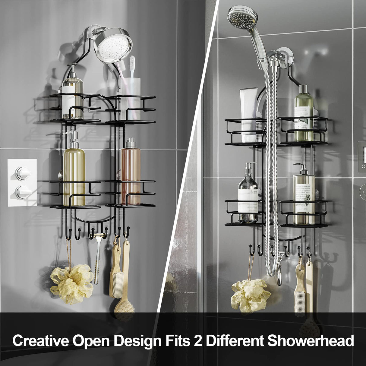 SRIWATANA Shower Caddy Hanging Over Head, Bathroom Shower Organizer Shower Rack Holder with Hooks for Razors - Black SRIWATANA