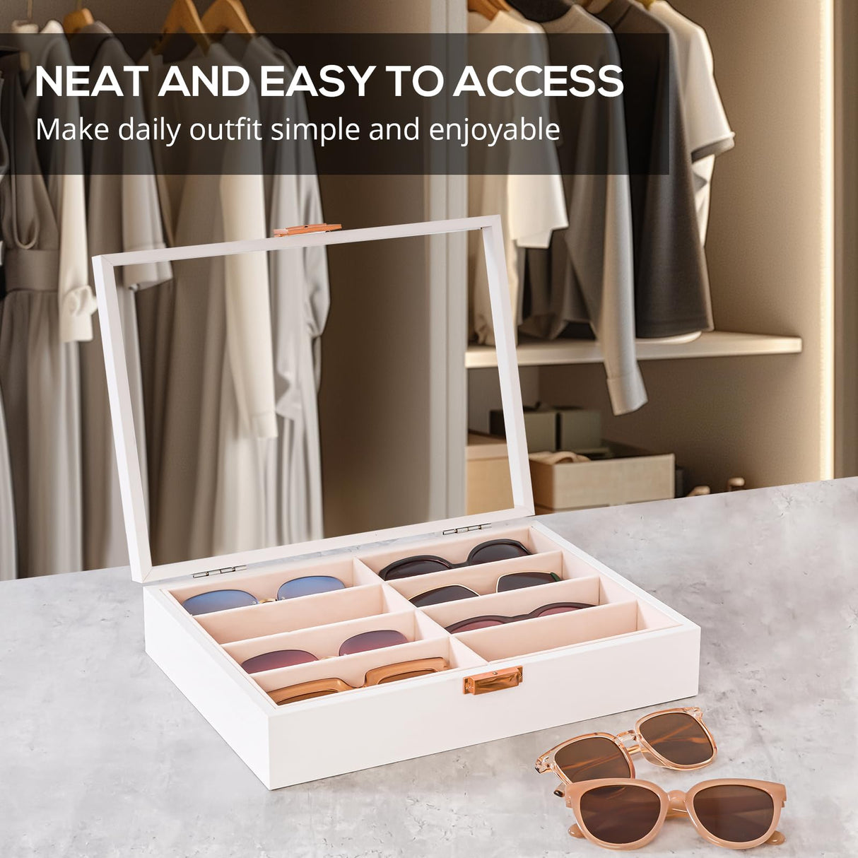 ProCase Wooden Sunglasses Organizer Trays for Men Women, Narrow Frame Glass Display Case Multiple Eyewear Eyeglass Holder Storage Box -White ProCase