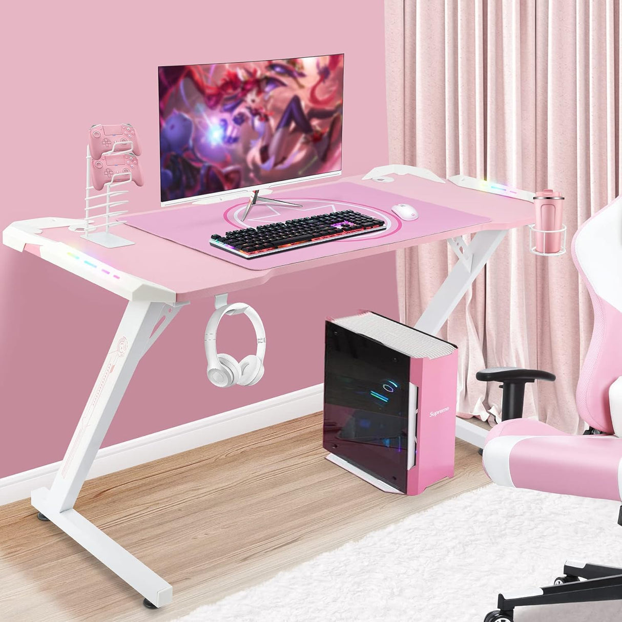YOUTHUP Pink Gaming Desk with LED Lights, 55" Z Shaped RGB Gaming Computer Table, Ergonomic PC Workstation with Remote Control, Cup Holder, Handle Rack, Headphone Hook, Mouse Pad for Home Office Use YOUTHUP