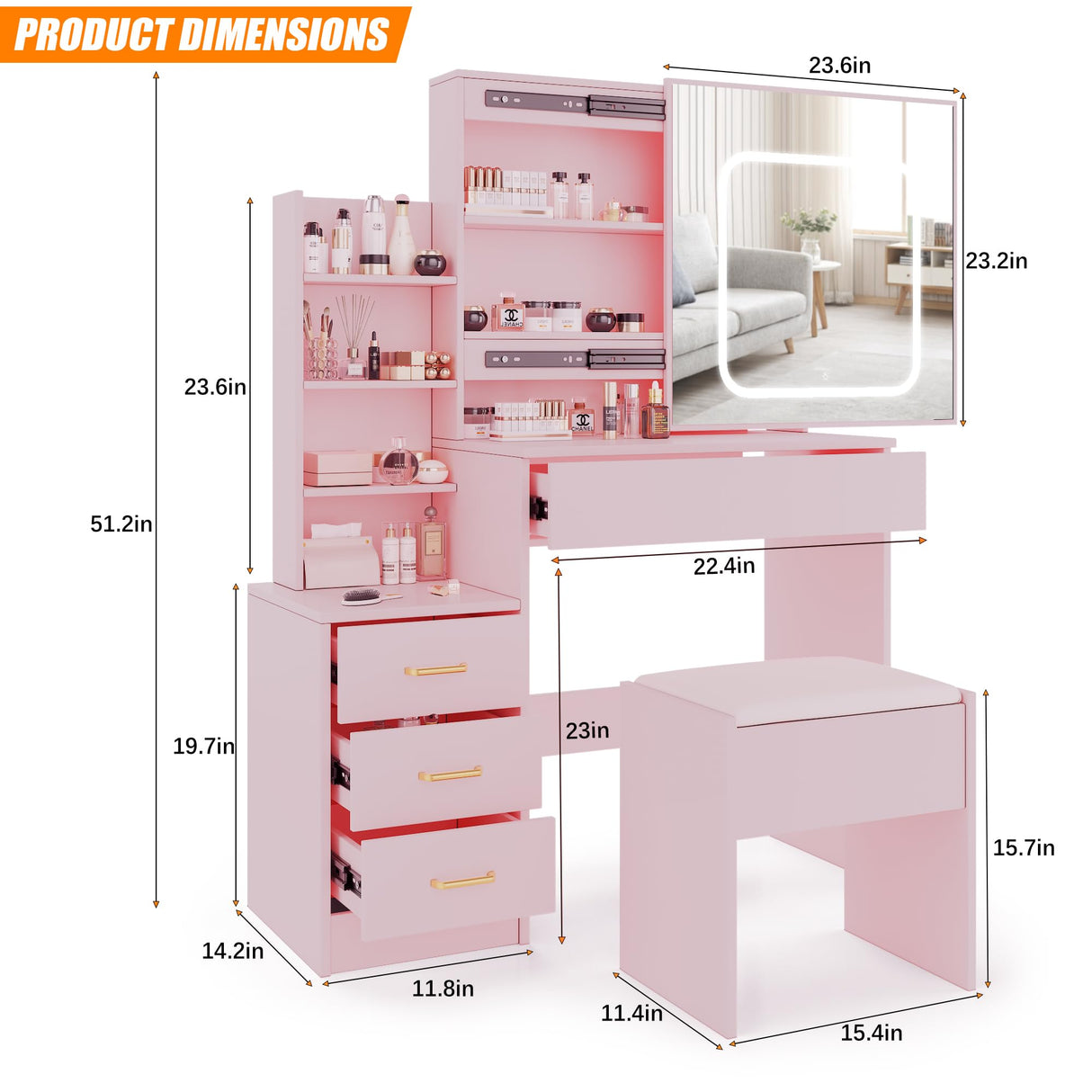 Patikuin Vanity Desk with Mirror and LED Lights, Makeup Vanity Desk with Sliding Lighted Mirror, Power Outlet, Dressing Table with 4 Drawers, Storage Shelves & Cushioned Stool for Bedroom, Pink Patikuin