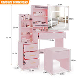 Patikuin Vanity Desk with Mirror and LED Lights, Makeup Vanity Desk with Sliding Lighted Mirror, Power Outlet, Dressing Table with 4 Drawers, Storage Shelves & Cushioned Stool for Bedroom, Pink Patikuin